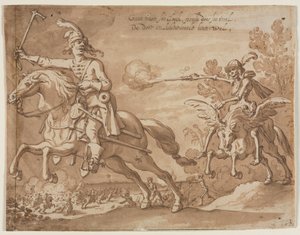 Der Tod zu Pferd jagt einen fliegenden Ritter, 1631