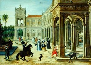 Reiter und elegante Figuren vor einem Palasthof von Sebastian Vrancx