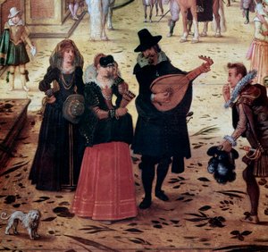 Landschaft mit Villa Medici in Rom, Italien. Detail elegante Spaziergänger und Musiker im Park - Gemälde von Sebastian Vrancx (1573-1647) 17. Jahrhundert Neapel, Museo Nazionale di Capodimonte von Sebastian Vrancx