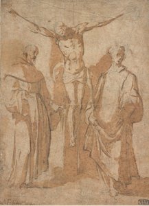 Christus am Kreuz flankiert von zwei Heiligen von Sebastiano Vini