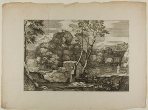 Landschaft mit einem toten Mann und zwei Priestern von Sébastien Bourdon