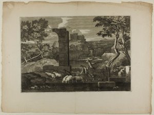 Landschaft mit einem Hirten und seiner Herde von Sébastien Bourdon