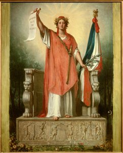 Die Republik. Personifikation der Republik (Marianne) trägt eine Pergamentrolle, auf der 