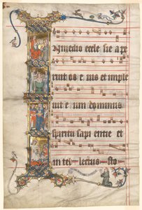Blatt aus dem Wettinger Gradual: Historisierte Initiale (I) mit Szenen aus dem Leben des Hl. Augustinus
