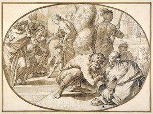 Eine Königin verteilt Almosen an einen verkrüppelten Bettler im Tempel von Jerusalem, frühes 17. Jahrhundert von Second School of Fontainebleau