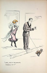 Paar wartet darauf, dass ein Hund sein Geschäft beendet, ca. 1921