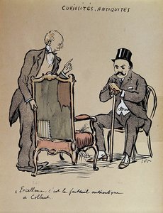 Reicher Kunstsammler inspiziert einen angeblich Colbert gehörenden Stuhl, ca. 1919