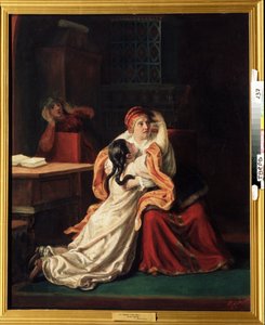 Die Zarin Kseniya Godunova (1581-1622). Ein verängstigtes Kind stürzt sich in die Arme von jemandem. Gemälde von Sergei Ivanovich Gribkov (1820-1893)
