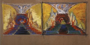 Bühnenbild für die Oper Der goldene Hahn von N. Rimski-Korsakow