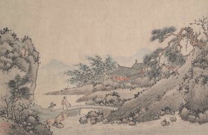 Landschaft mit Mann, der eine Brücke überquert