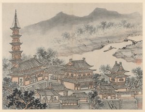 Zwölf Ansichten des Tigerhügels, Suzhou: Die Tausend-Buddha-Halle und die Pagode des „Wolkigen Kliffs“ Klosters von Shen Zhou