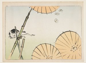 (Bambus, Regenschirme, eine Katze und Schmetterlinge) von Shibata Zeshin