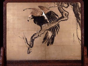 Karpfen in Wellen (Zeshin) und Adler auf einem Ast (Rosetsu Rückseite) von Shibata Zeshin