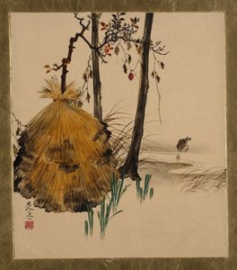 Lackmalereien verschiedener Motive: Schneeschutz für einen Baum mit Spatz von Shibata Zeshin