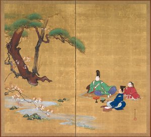 Narihira betrachtet die Kirschblüten, Zweiteilige Faltwand, späte 1800er