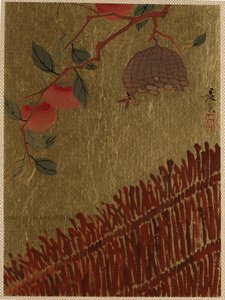 Kaki-Zweig und Wespennest über einer Hecke von Shibata Zeshin