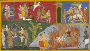 Bibhishana entzündet Ravanas Scheiterhaufen, und Lakshmana bietet Rama Pinda-Kuchen an von S?hibdin S?hibdin