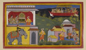 Hanumān informiert Guha, Bharata und Śatrughna über Rāmas Rückkehr aus dem Exil