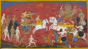 Ramas und Rāvaṇas Streitwagen stürmen, Rāvaṇas Pferde verwandeln sich in Löwen von S?hibdin S?hibdin