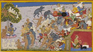 Rama schickt Lakshmana und Bibhishanas Armee gegen Indrajit, der opfert, um Unsichtbarkeit zu erlangen von S?hibdin S?hibdin