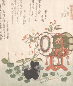 Aoi-Pflanze, Kirschblüten, Trommel und Eboshi-Hut, die das Aoi-Kapitel darstellen..., 19. Jahrhundert