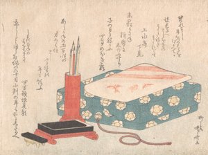 Schreibset und Gedichtkartenbox Shikishi-bako, aus dem Surimono-Album Frühlingsregen, ca. 1805-10 von Shinsai
