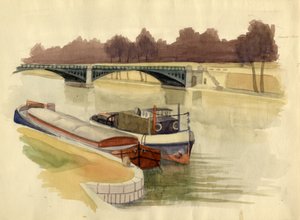 Lastkähne auf der Themse nahe der Battersea-Brücke, London, ca. 1951