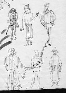 Seite mit Skizzen, Menschen in historischen Kostümen, ca. 1950