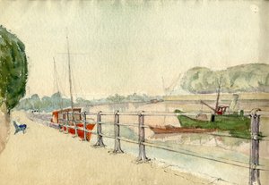 Spaziergang am Flussufer, ca. 1950