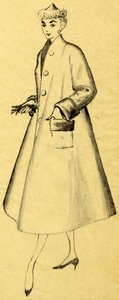 Frau im Staubmantel und spitzem Hut, ca. 1952 von Shirley Markham