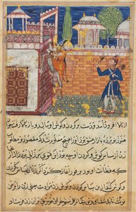 Seite aus Geschichten eines Papageis Tuti-nama: Achte Nacht: Die betrügerische Frau kehrt zurück..., 1558-1560