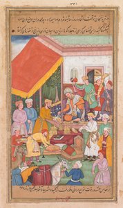 Timur verteilt Geschenke von seinem Enkel, dem Prinzen von Multan, aus einem Zafar-nama (Buch der Siege) von Shravana