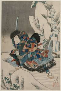 Nakamura Utaemon IV als Krieger im Schnee von Shumbaisai Hokuei