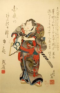 Kabuki-Schauspieler Nakamura Utaemon IV als der Wrestler Iwakawa Jirokichi, im Stück Sekitori s..., 1837 von Shunbaisai Hokuei
