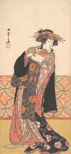 Nakamura Riko als reich gekleidete Kurtisane in einem Raum stehend, ca. 1778