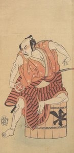 Der dritte Otani Hiroemon als Otokodate auf einem umgedrehten Fass sitzend, 1768 oder 1769 von Shunsho