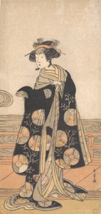 Yoshizawa Iroha als Frau, die auf der Engawa eines Hauses am Fluss steht, ca. 1778