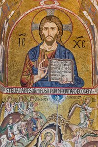 Die Palatinkapelle (Basilika), südliche Apsis oder St. Pauls "Absidiola", Mosaiken: "Christus Pantokrator" und "Geburt Christi", XII Jahrhundert von Sicilian School