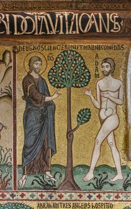 Die Palatinkapelle (Basilika), Mosaikzyklus des Alten Testaments, Zyklus der Schöpfung: "Gott führt Adam in Eden ein", 12. Jahrhundert von Sicilian School