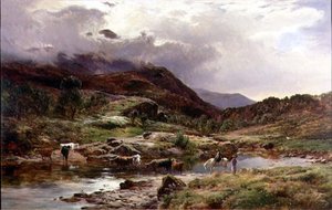 Eine bergige Flusslandschaft mit Vieh im Vordergrund von Sidney Richard Percy