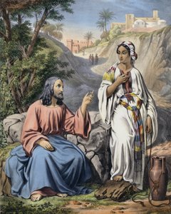 Christus und die Frau von Samaria am Jakobsbrunnen (kolorierte Gravur) von Siegfried Detler Bendixen