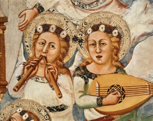 Leben der Jungfrau: „die Entschlafung und die Himmelfahrt der Jungfrau“ Detail, das die Musikerengel zeigt, die die Doppelflöte und die Laute spielen - Fresko der Schule von Siena (14. Jahrhundert) Kloster St. Benedetto (Sacro Speco), Kapelle von Sienese School