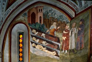 Begegnung der Toten mit den Lebenden (Detail). Fresko der Schule von Siena. 14. Jahrhundert. Kloster von San Benedetto (Sacro Speco), Treppenhaus, Subiaco (Rom), Italien