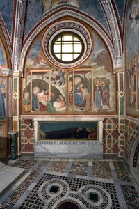 Die Geburt Christi und die Anbetung der Heiligen Drei Könige. Fresko der Schule von Siena. 14. Jahrhundert. Kapelle der Jungfrau. Kloster von Saint Benedetto (Sacro Speco), Subiaco (Rom), Italien