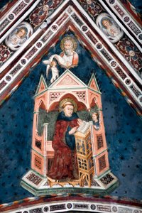 Detailansicht eines Freskos, das eines der Gewölbe der Oberkirche schmückt und die vier Ärzte der römischen Kirche darstellt: Gregor I. der Große und der Evangelist Matthäus