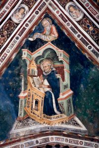Ansicht eines Freskodetails in einem der Gewölbe der Oberkirche, das die vier Kirchenlehrer der römischen Kirche darstellt: Augustinus von Hippo und den Evangelisten Johannes. Kloster San Benedetto (Sacro Speco), Subiaco (Rom), Italien