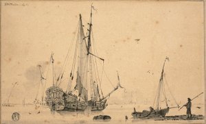 Hafenszene mit Schiffen und Fischer von Sieuwert van der Meulen