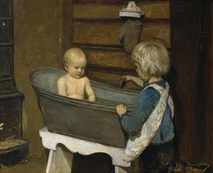 Kinder spielen in einer Waschwanne von Sigmund Sinding