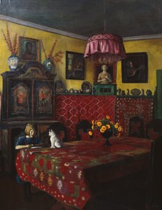 Interieur mit Mädchen und Katze von Sigmund Sinding