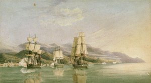 Angriff auf einen Konvoi von achtzehn französischen Handelsschiffen bei Laigrelia und Alassio, 27. Juni 1812, frühes 19. Jahrhundert von Silas Thomson (attr.to) Hood